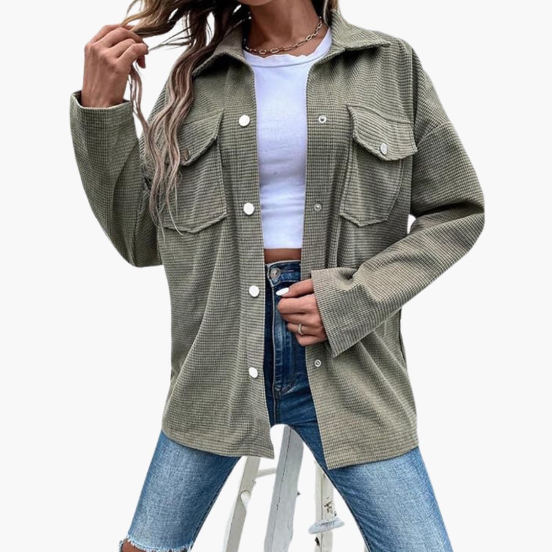 Chaqueta camisa acanalada para mujer con cierre de botones y bolsillos frontales