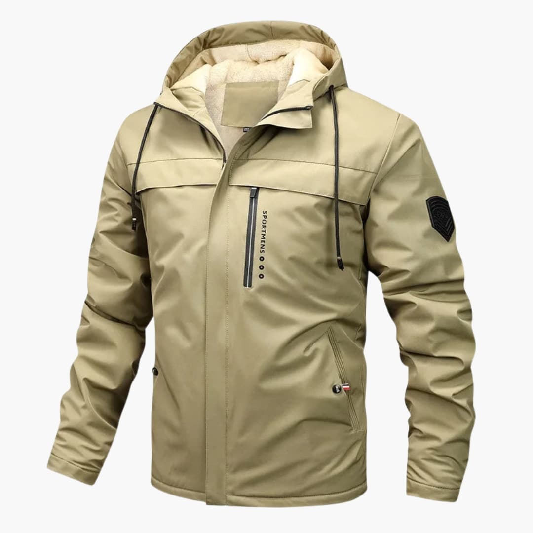 Men's hooded jacket with inner lining and front zipper closure