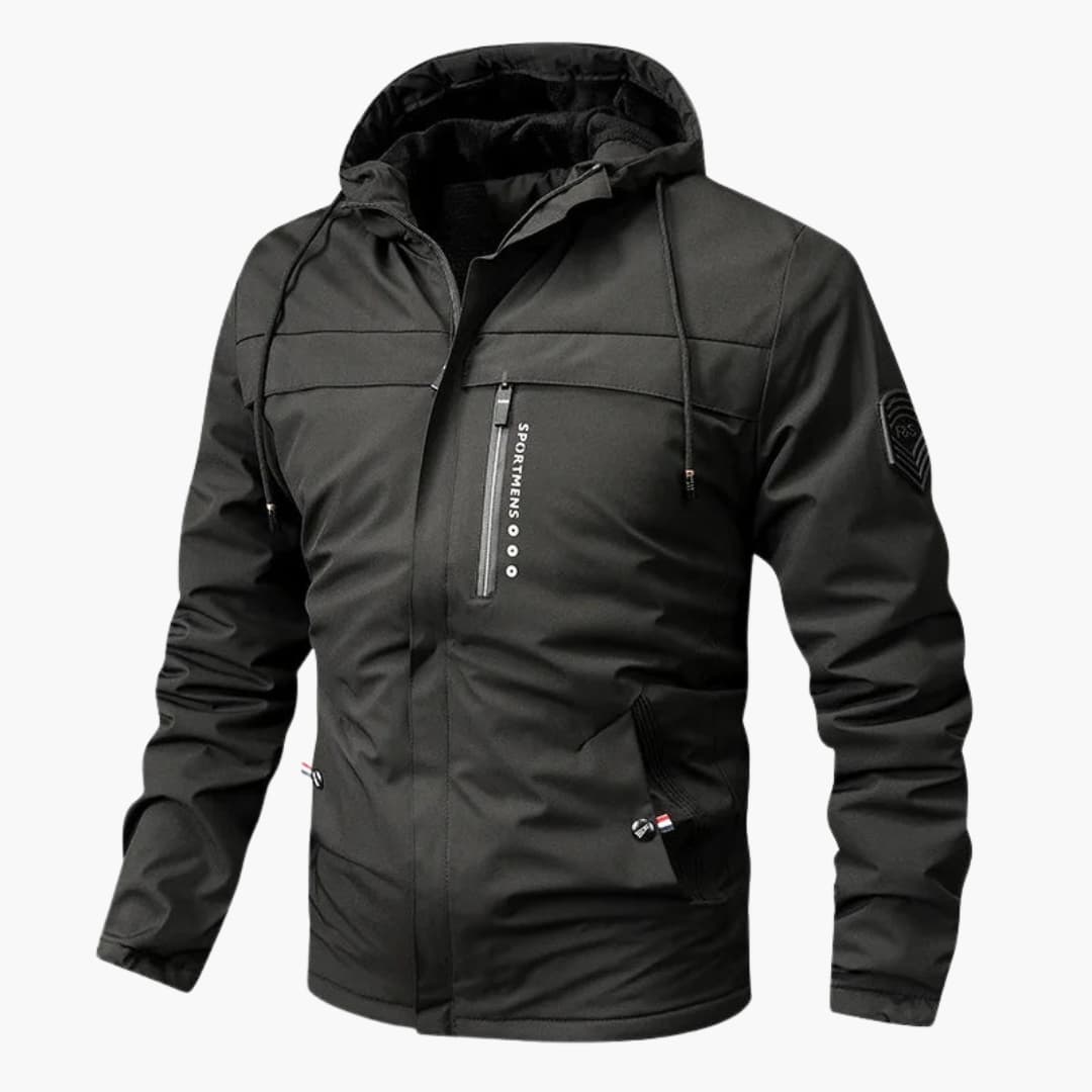 Men's hooded jacket with inner lining and front zipper closure