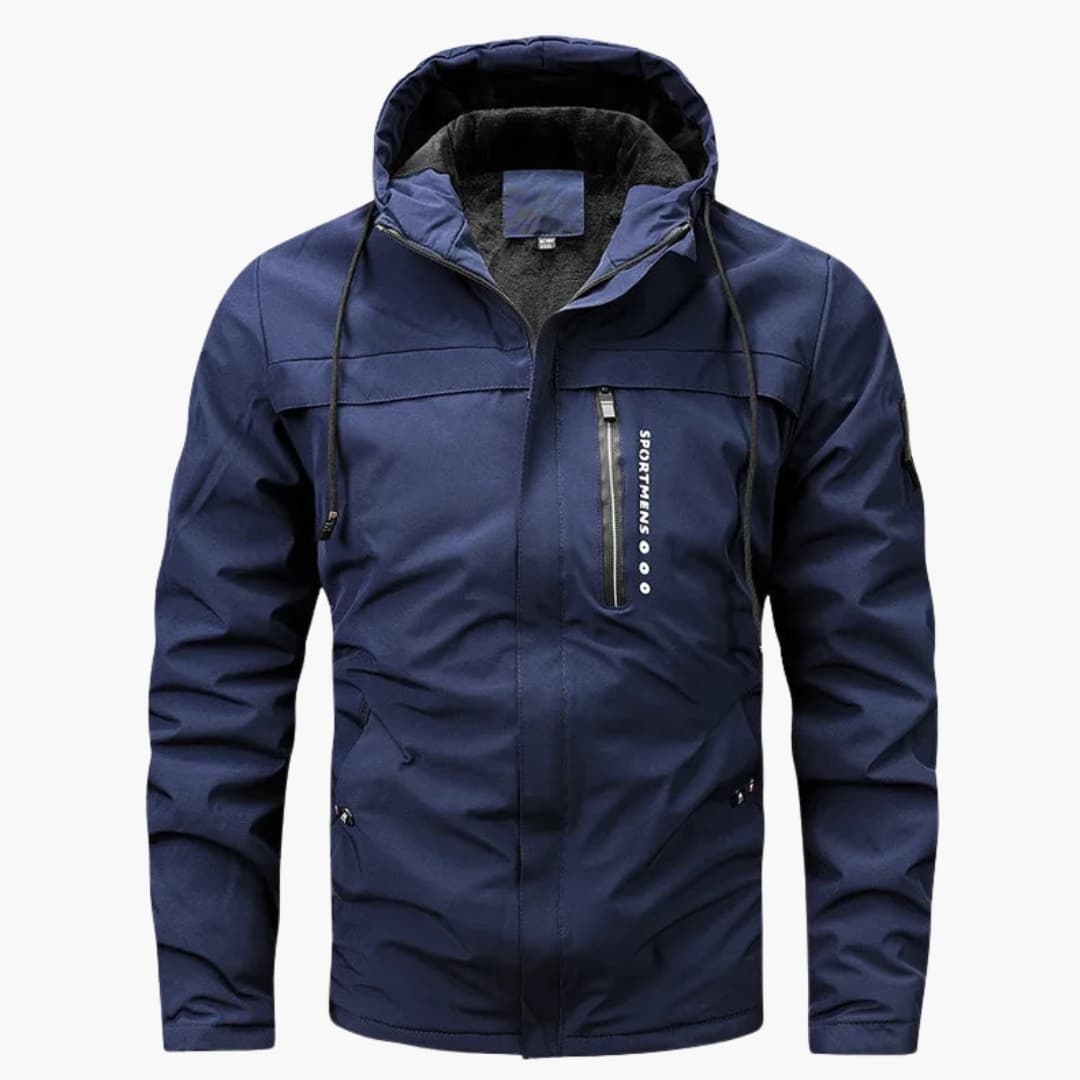 Men's hooded jacket with inner lining and front zipper closure