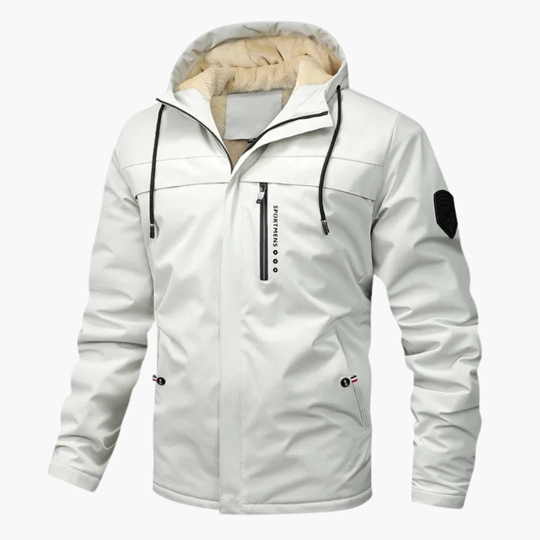 Men's hooded jacket with inner lining and front zipper closure