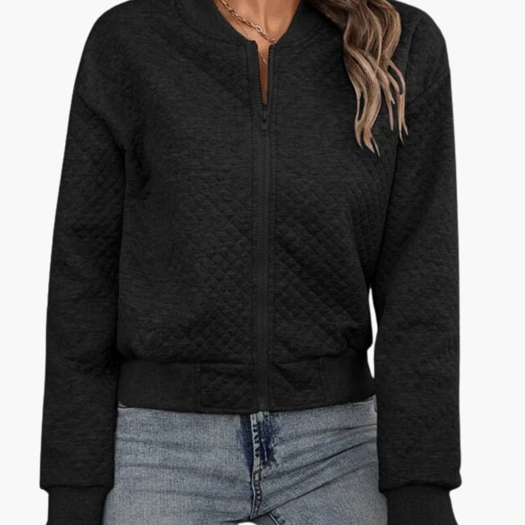 Veste bomber femme unie avec poignets et ourlet côtelés