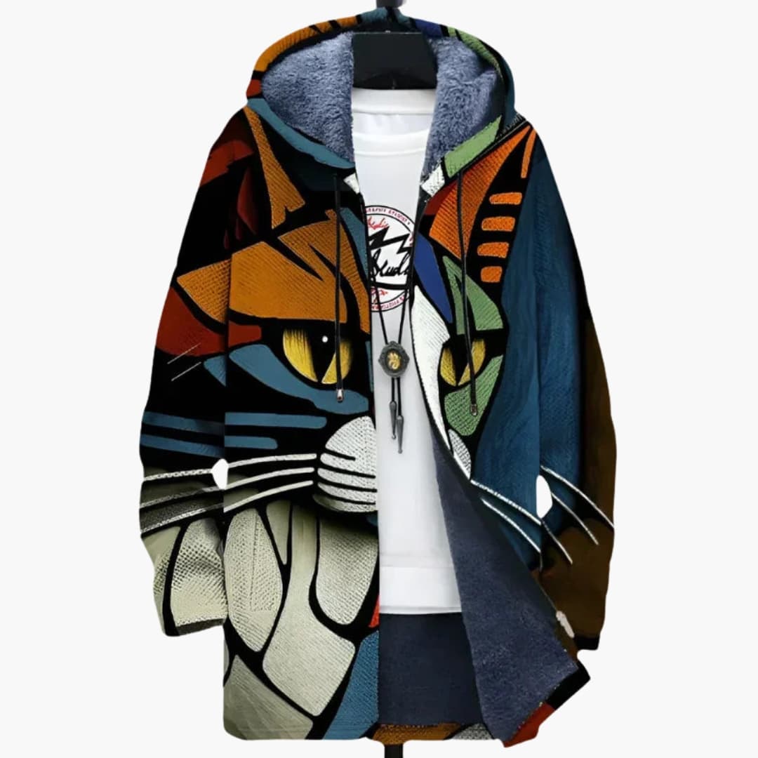 Chaqueta con capucha para mujer con estampado artístico y superficie tejida