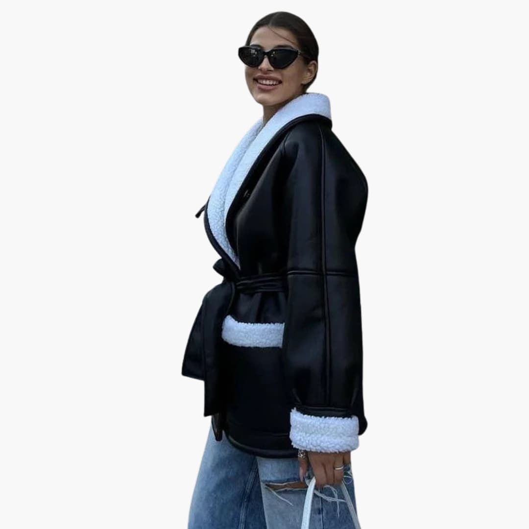 Chaqueta de mujer con cinturón, cuello chal y bolsillos delanteros
