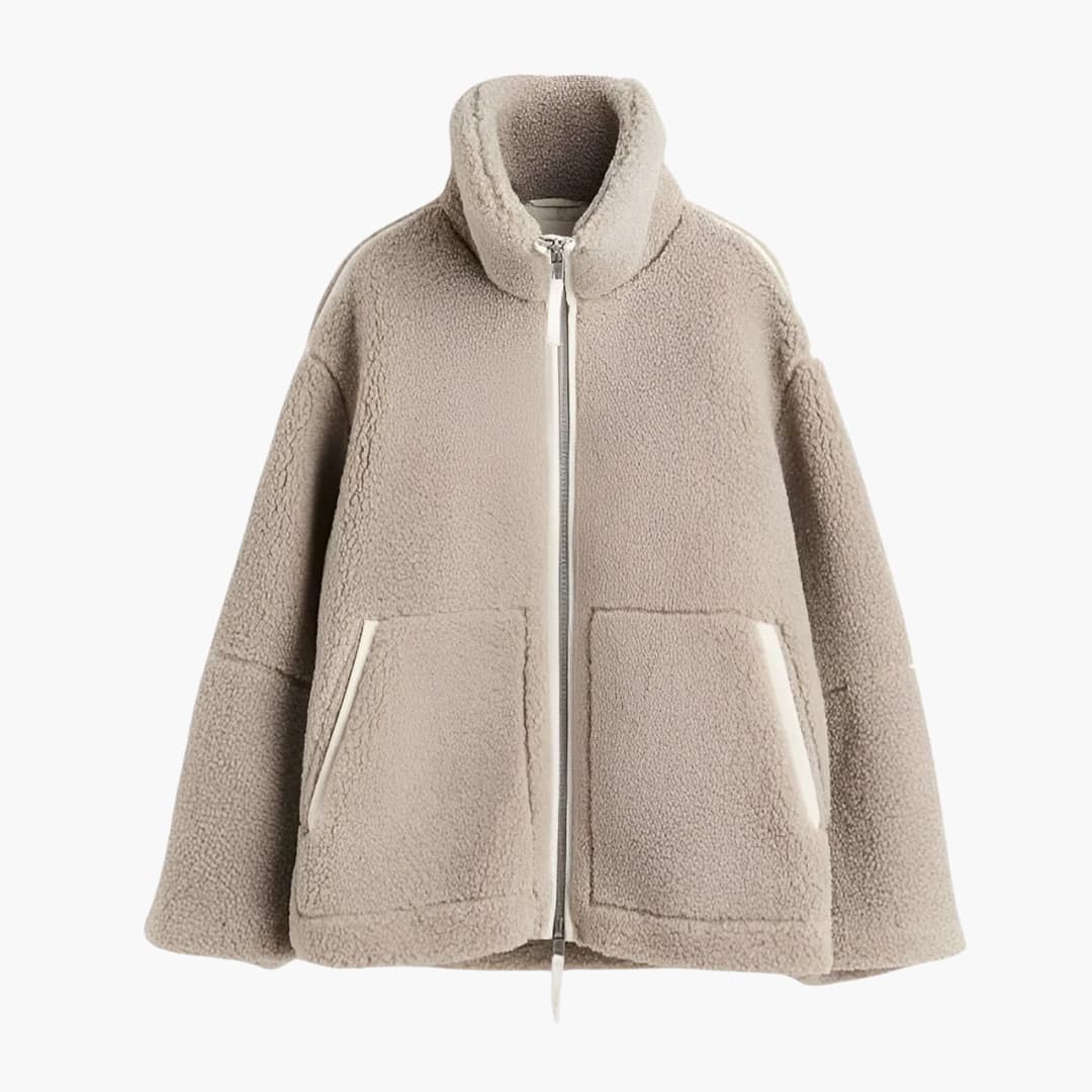 Women's fleece jacket with stand-up collar and zip closure
