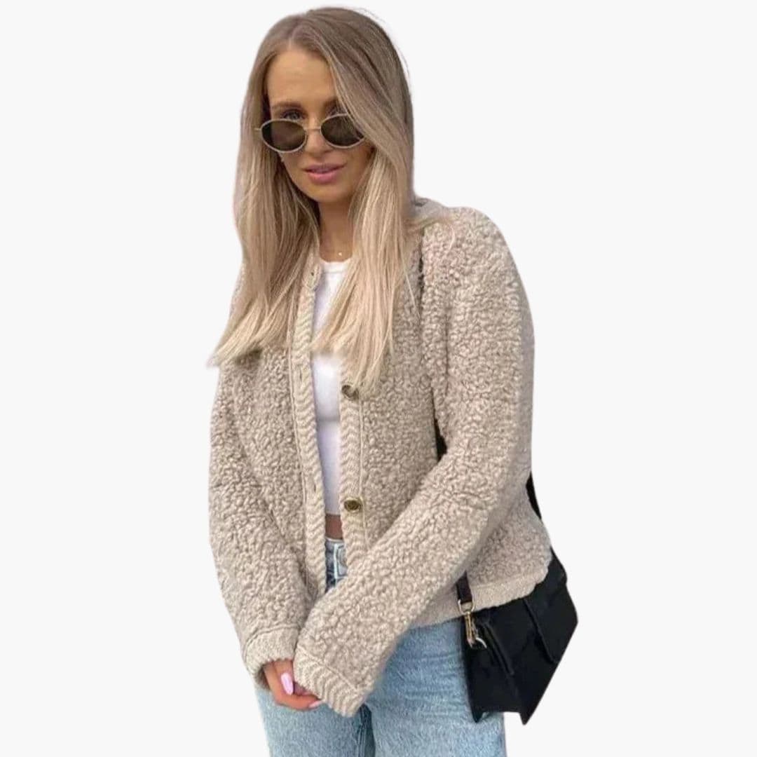 Chaqueta de mujer estilo teddy con botones delanteros