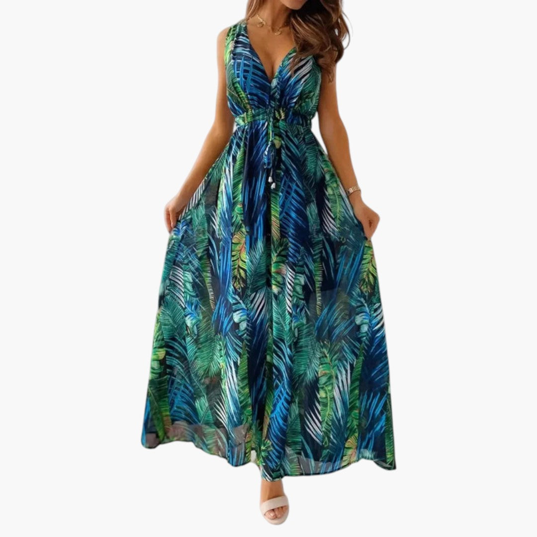 Robe maxi femme avec encolure en V et taille ajustée