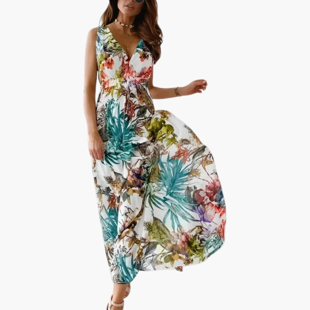 Robe maxi femme avec encolure en V et taille ajustée