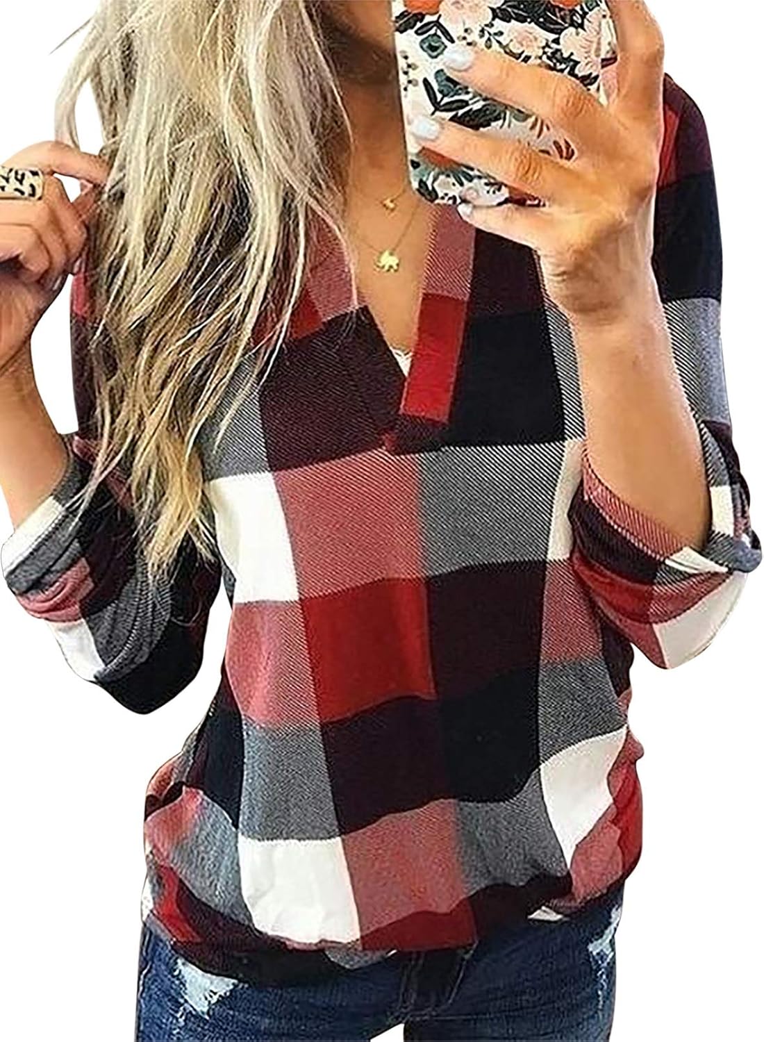 Blusa de cuadros para mujer con escote en V y mangas largas