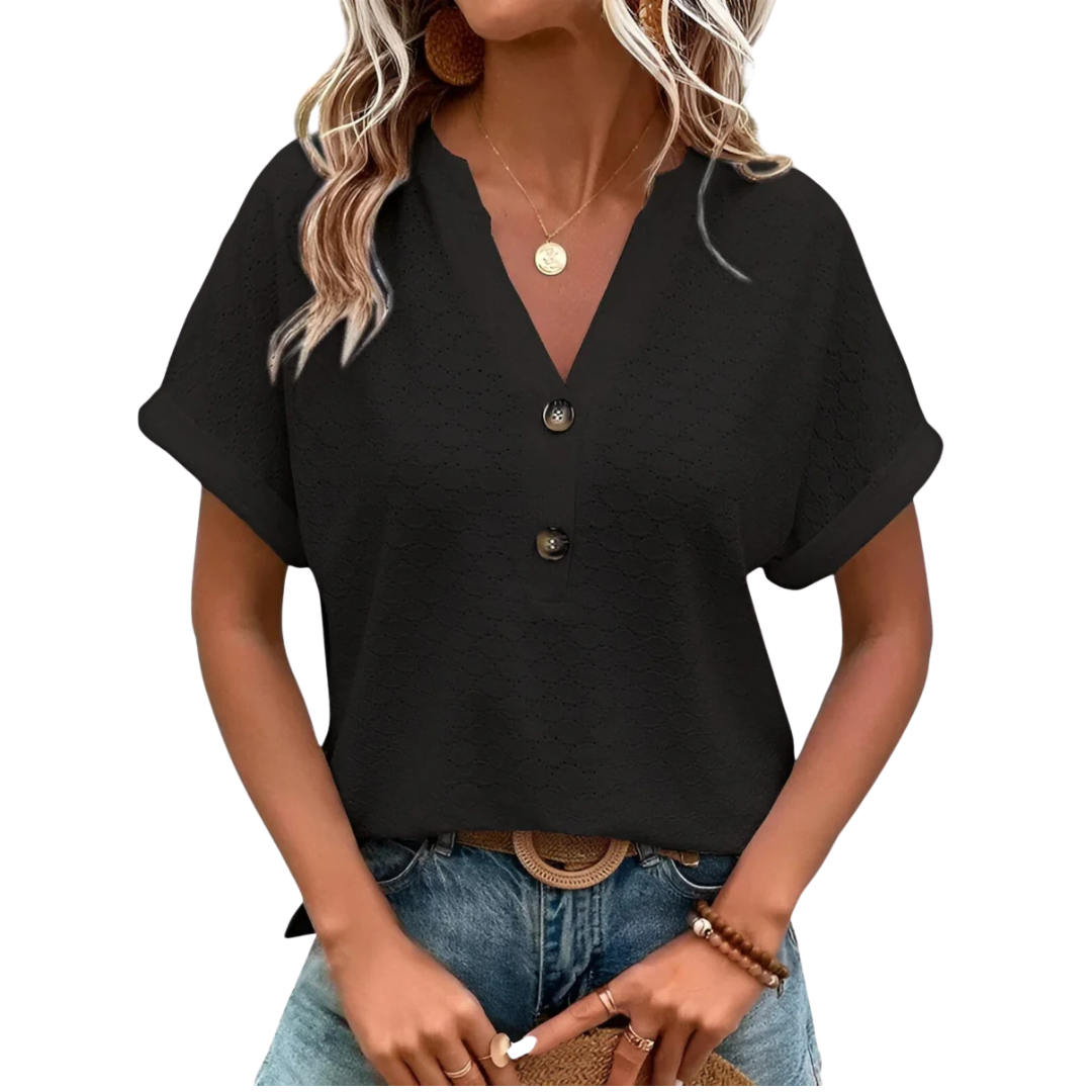 T-shirt da donna ricamato con occhielli, scollo a girocollo, maniche corte