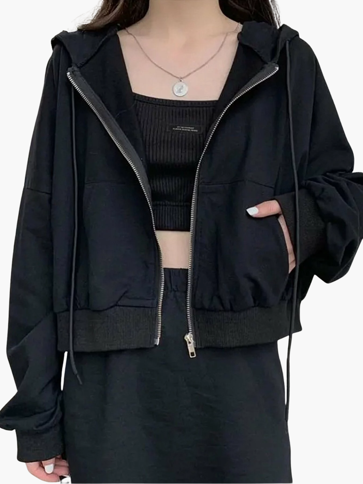 Women's Cropped Sweatshirt with Integrated Hood and Zipper Closure