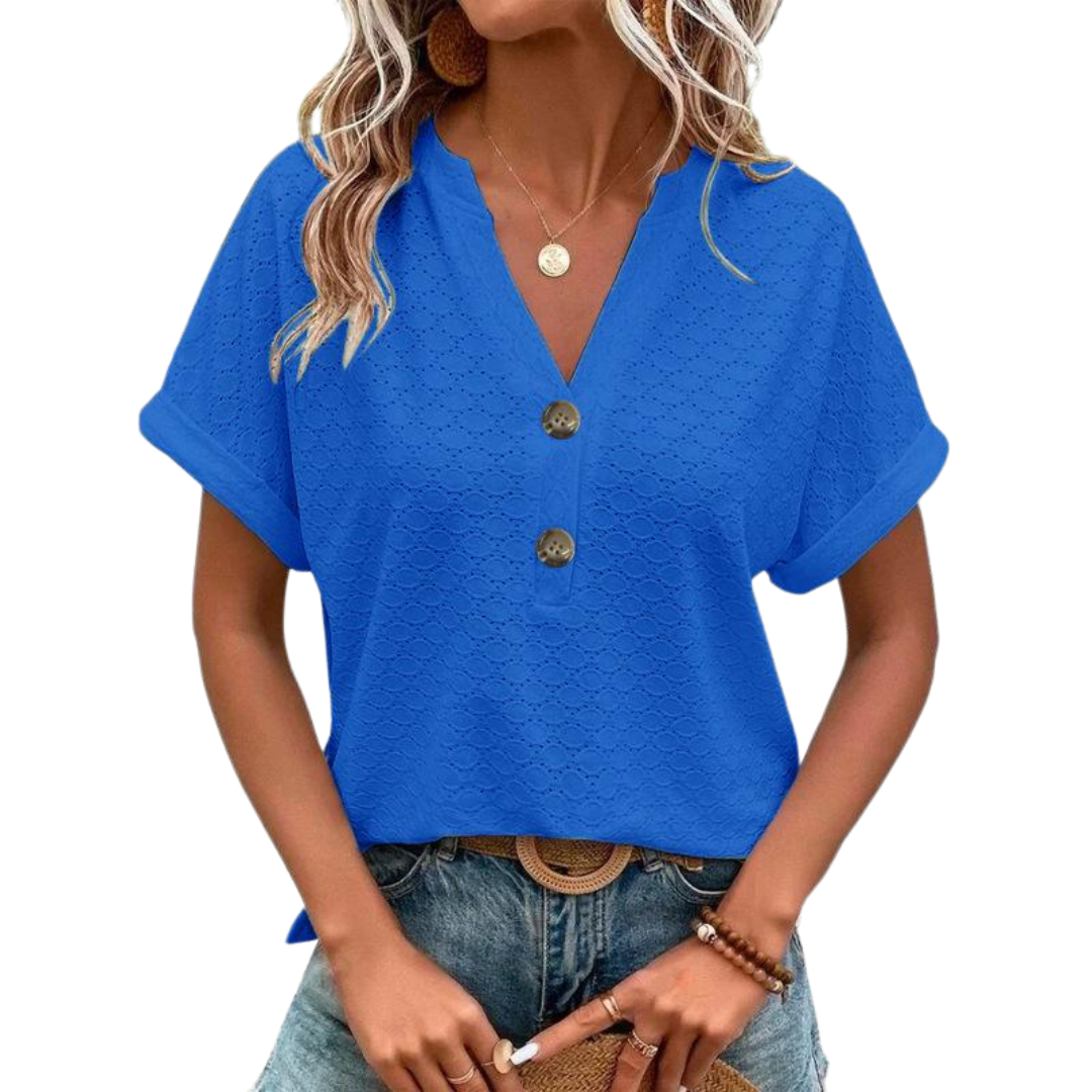 T-shirt da donna ricamato con occhielli, scollo a girocollo, maniche corte