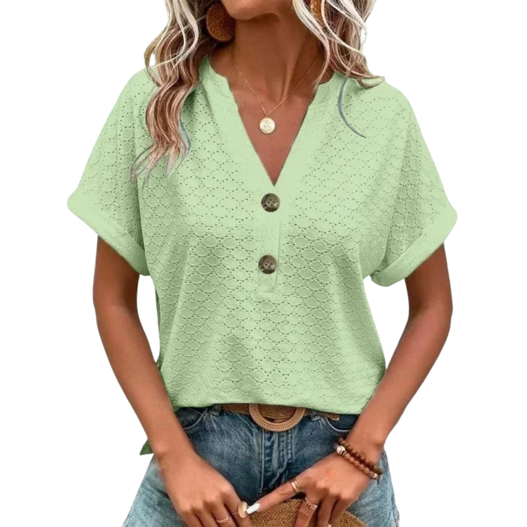 T-shirt da donna ricamato con occhielli, scollo a girocollo, maniche corte
