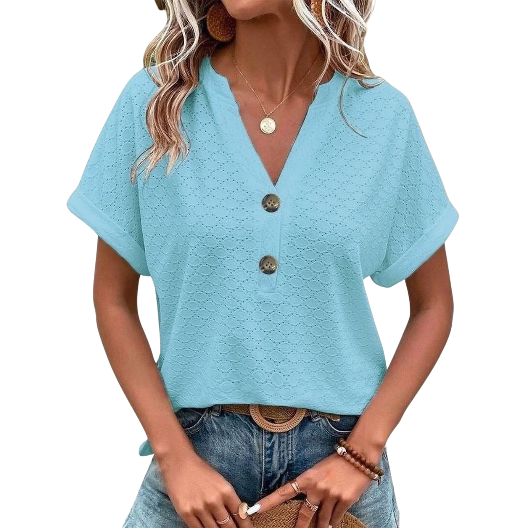 T-shirt da donna ricamato con occhielli, scollo a girocollo, maniche corte