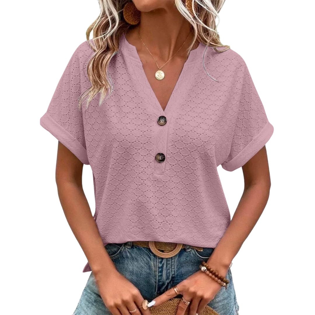 T-shirt da donna ricamato con occhielli, scollo a girocollo, maniche corte