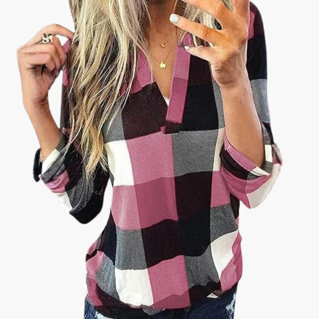 Blusa de cuadros para mujer con escote en V y mangas largas