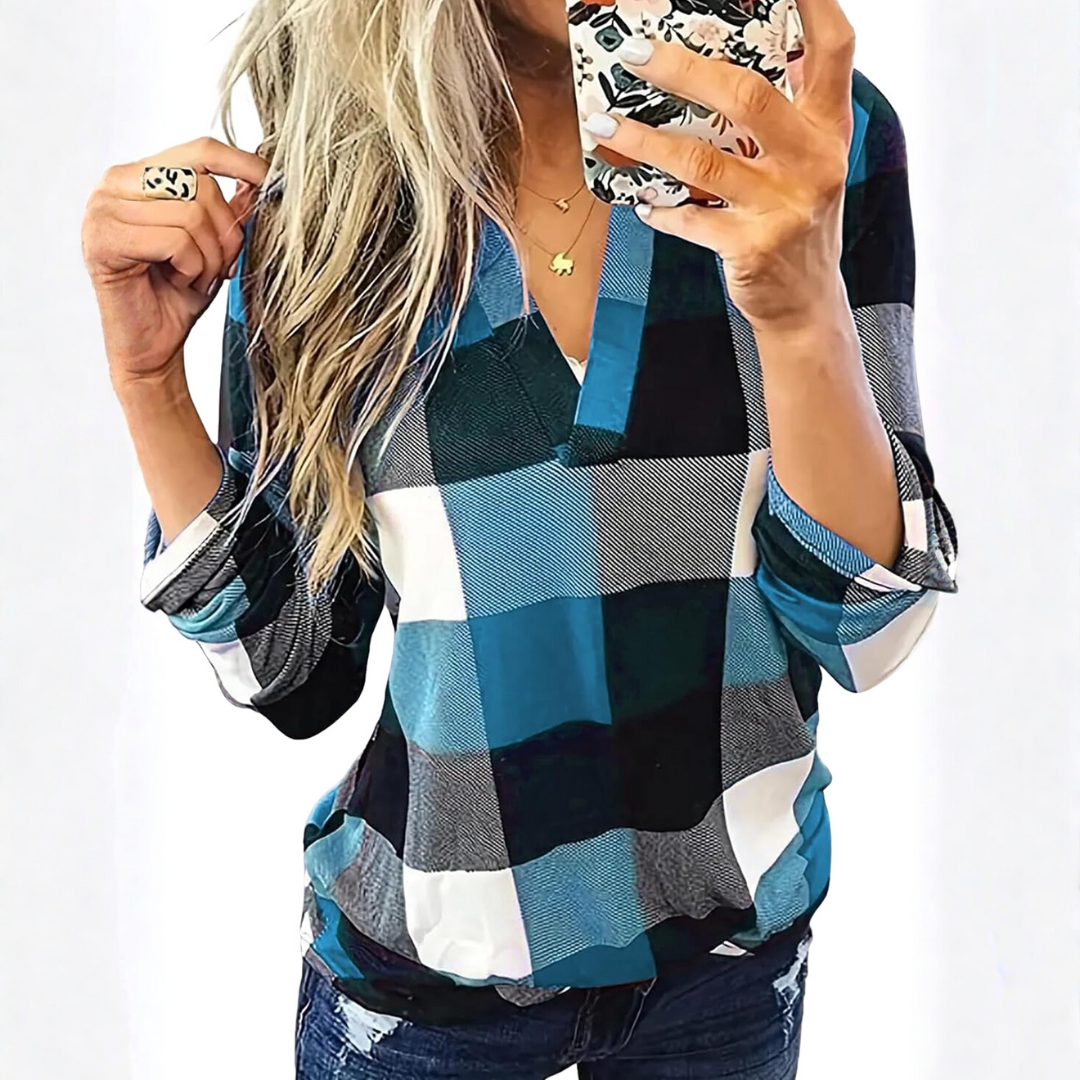 Blusa de cuadros para mujer con escote en V y mangas largas