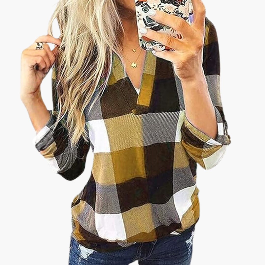 Blusa de cuadros para mujer con escote en V y mangas largas