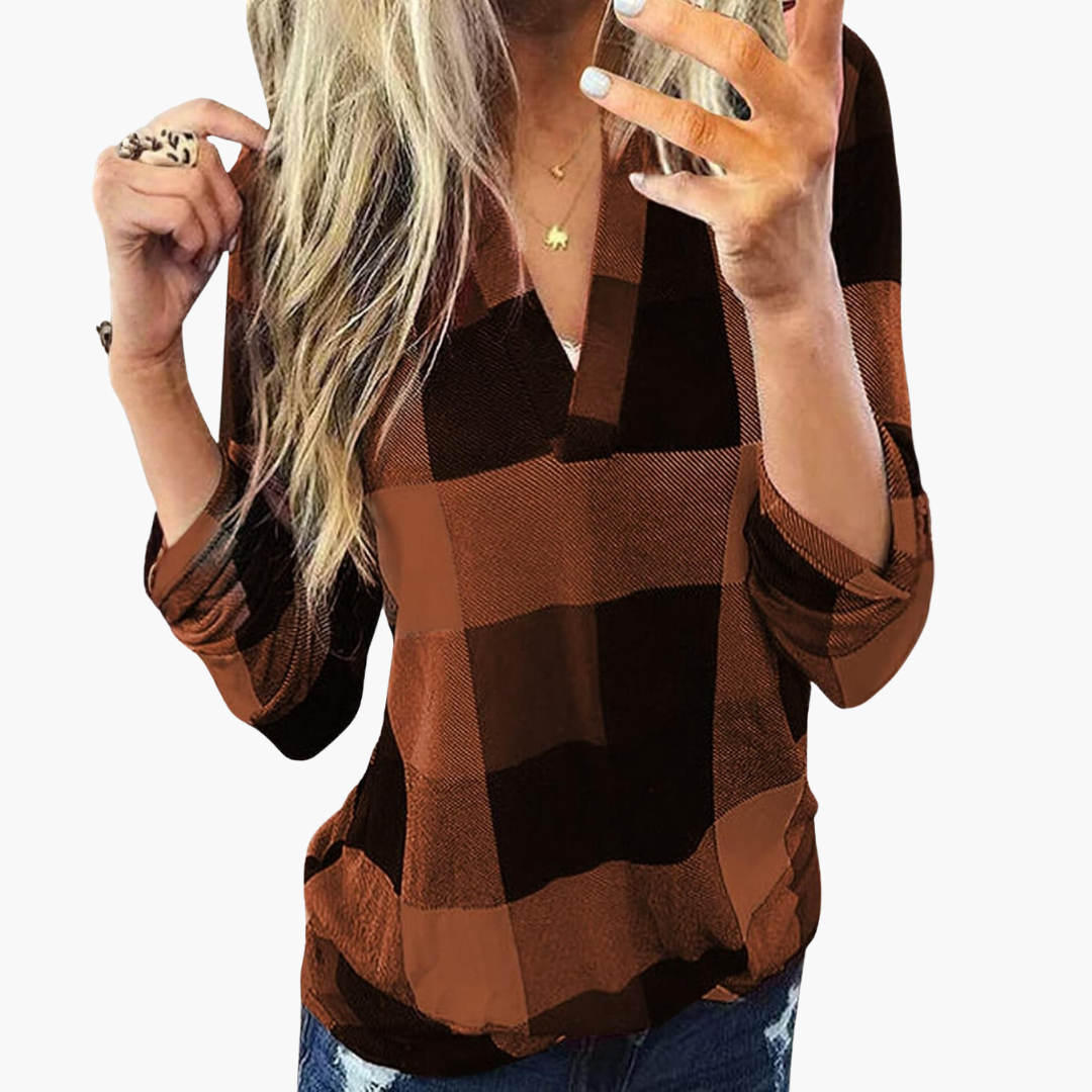 Blusa de cuadros para mujer con escote en V y mangas largas