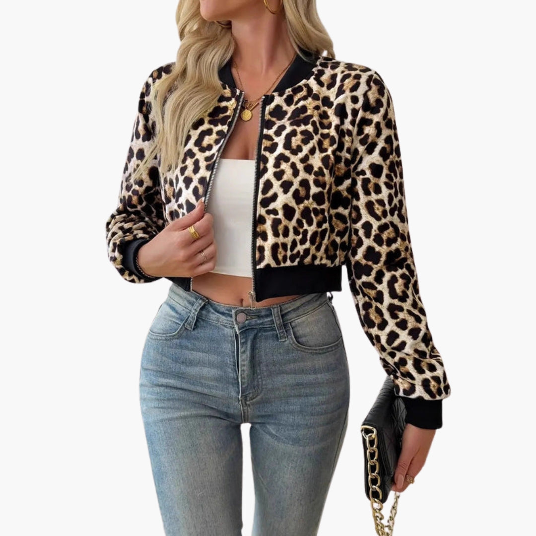 Dames bomberjack met luipaardprint en geribbelde afwerkingen