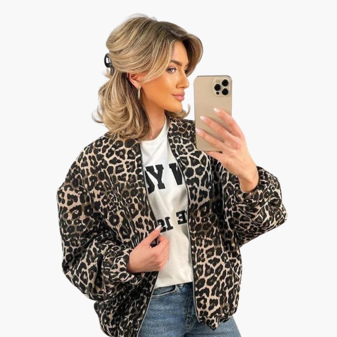 Damen Bomberjacke mit Reißverschluss und Animal-Print