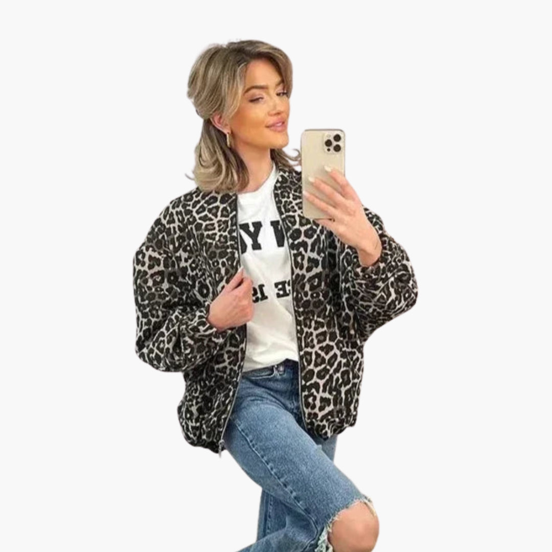Damen Bomberjacke mit Reißverschluss und Animal-Print
