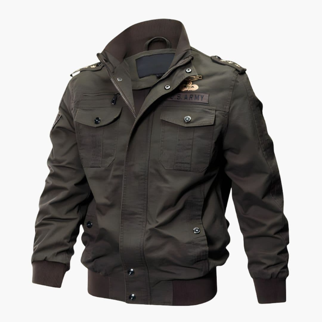 Bomber Homem Militar com Fecho de Eclair e Bolsos Múltiplos