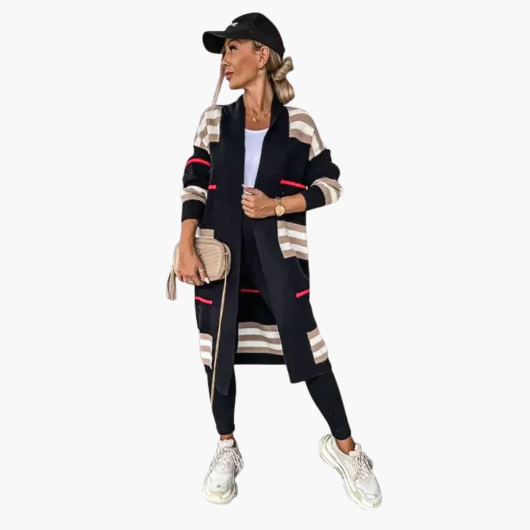 Cardigan long femme à rayures avec ouverture devant