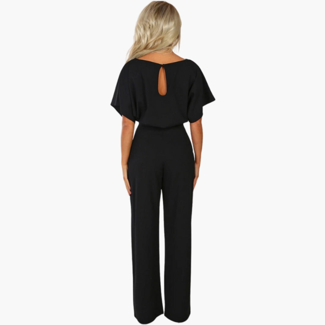 Women's Jumpsuit with Round Neck and Tie Belt