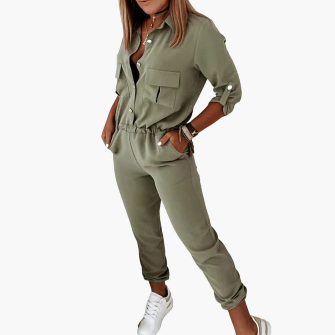 Women's Jumpsuit with Buttoned Placket and Elastic Waist