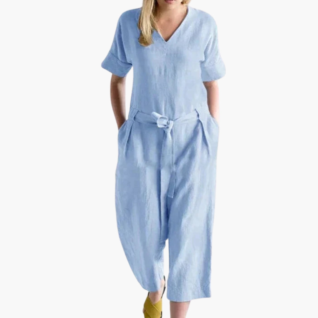 Women's jumpsuit with V-neck and waist tie