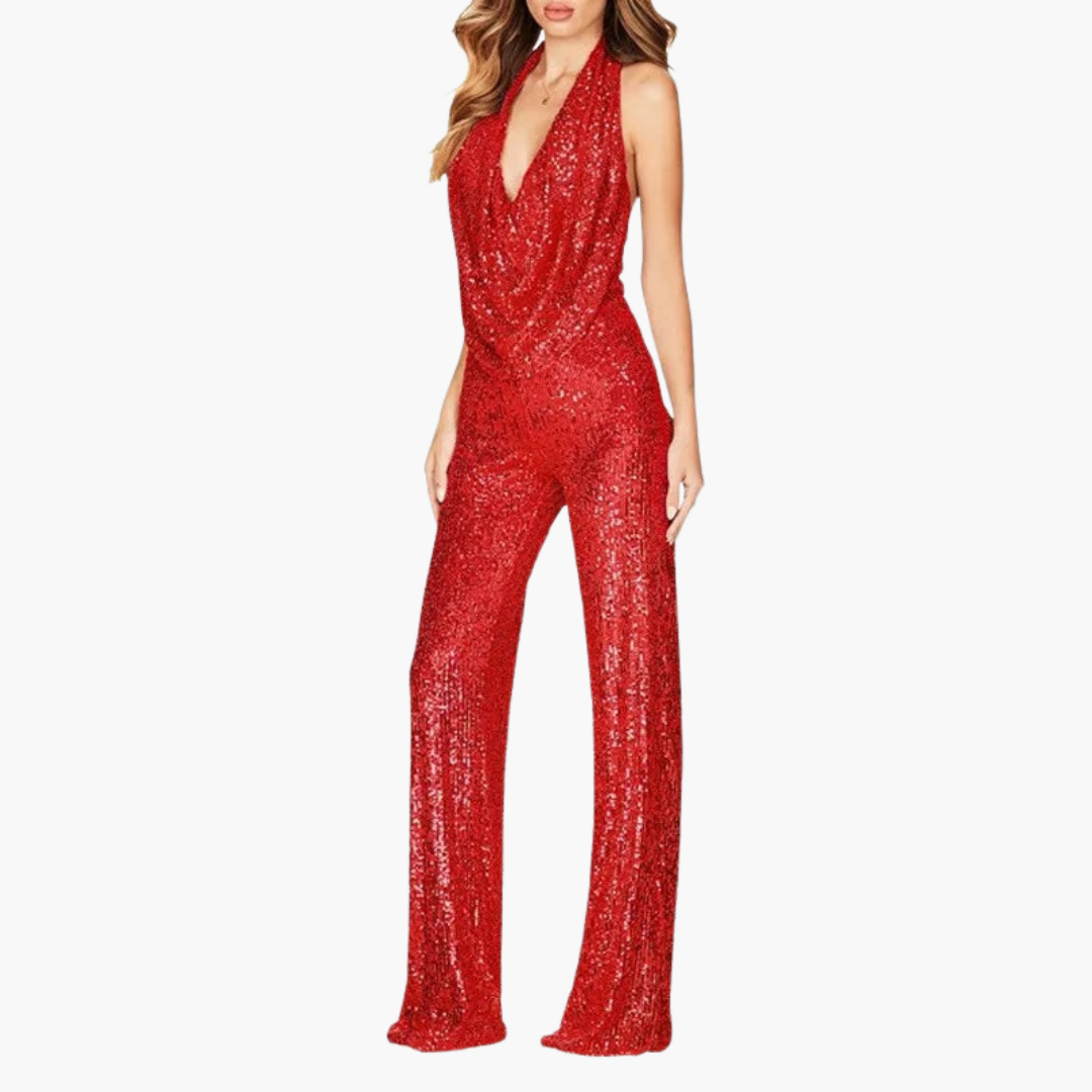 Women's jumpsuit with halter neckline, draped collar, and sequin surface