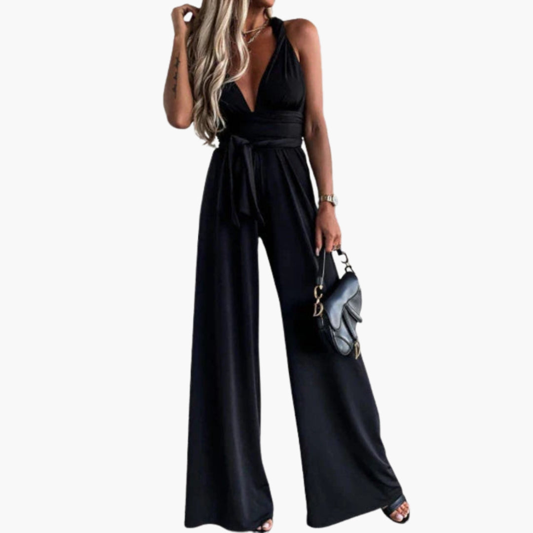 Combinaison femme avec col V profond et lien à la taille