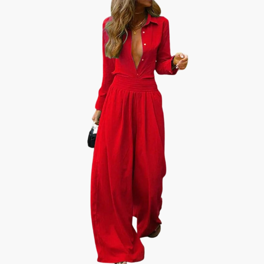 Women's jumpsuit with buttoned shirt collar
