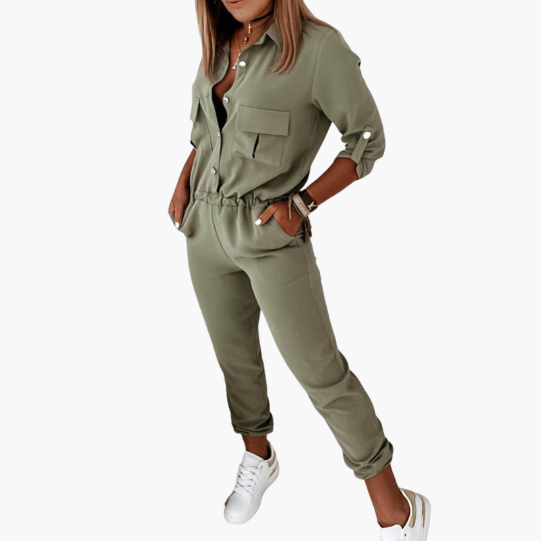 Women's jumpsuit with button closure and tie belt at the waist