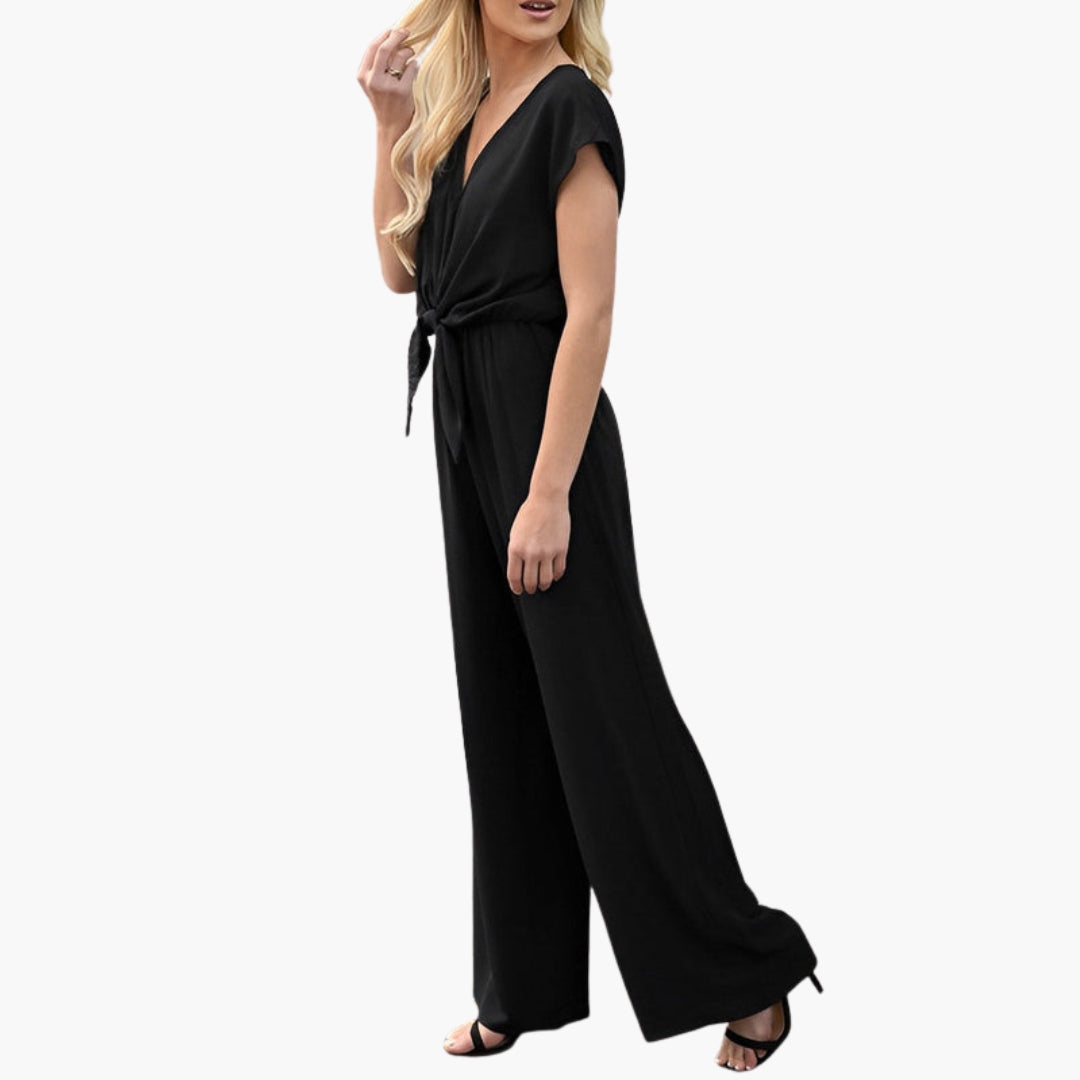 Women's jumpsuit with V-neck and tie belt at the waist