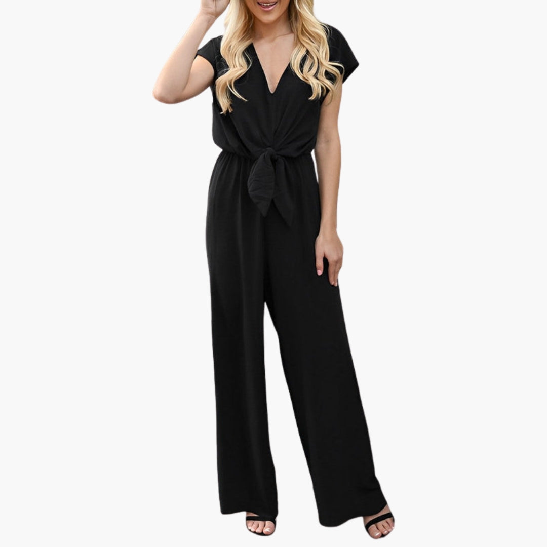 Women's jumpsuit with V-neck and tie belt at the waist