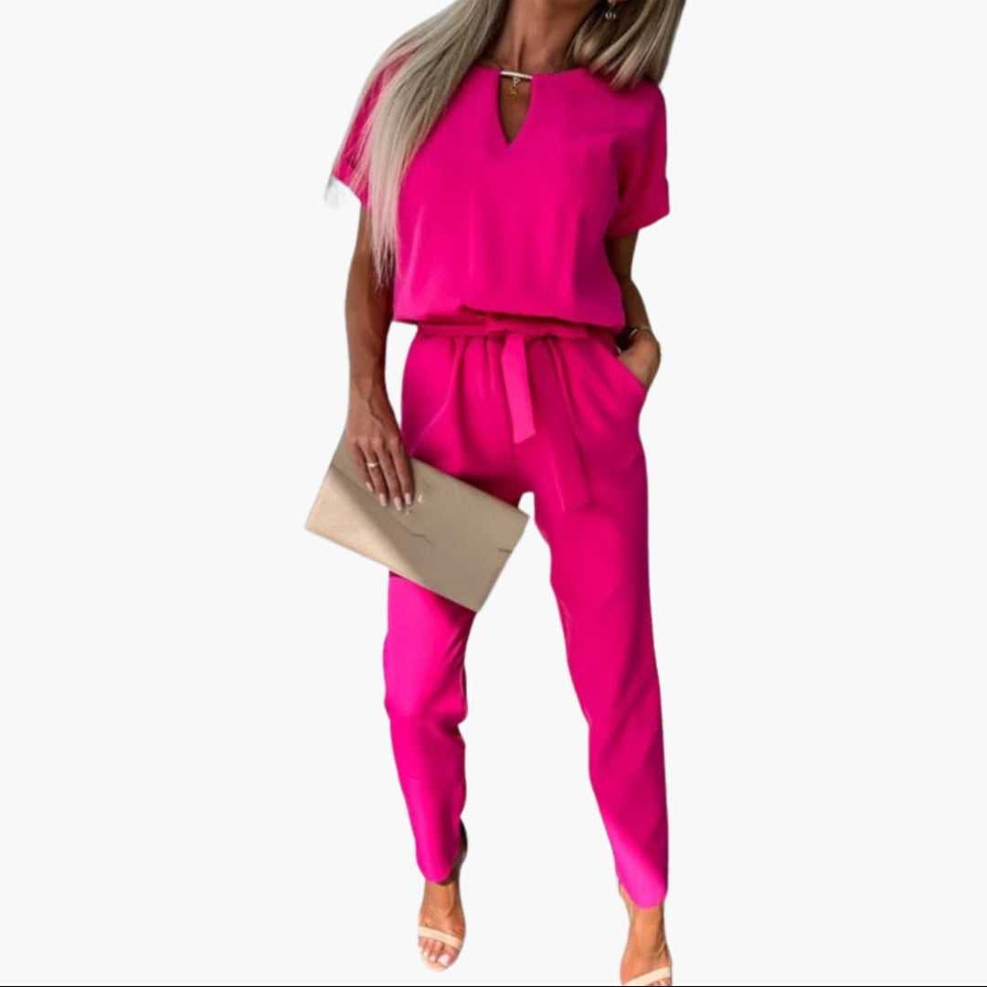 Women's jumpsuit with round neckline and waist tie