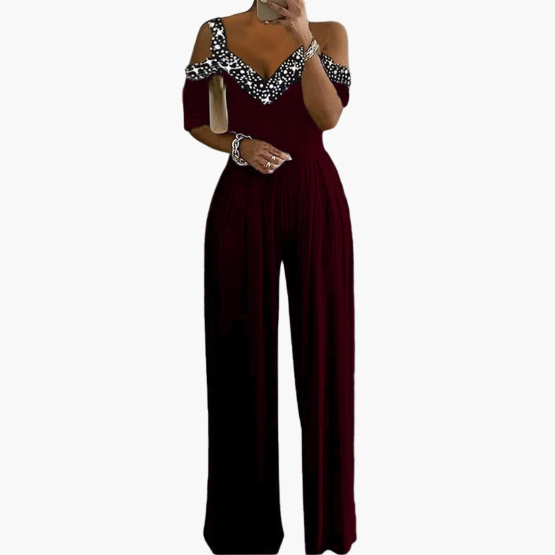 Mono de mujer con hombros descubiertos, escote en V y pantalones anchos