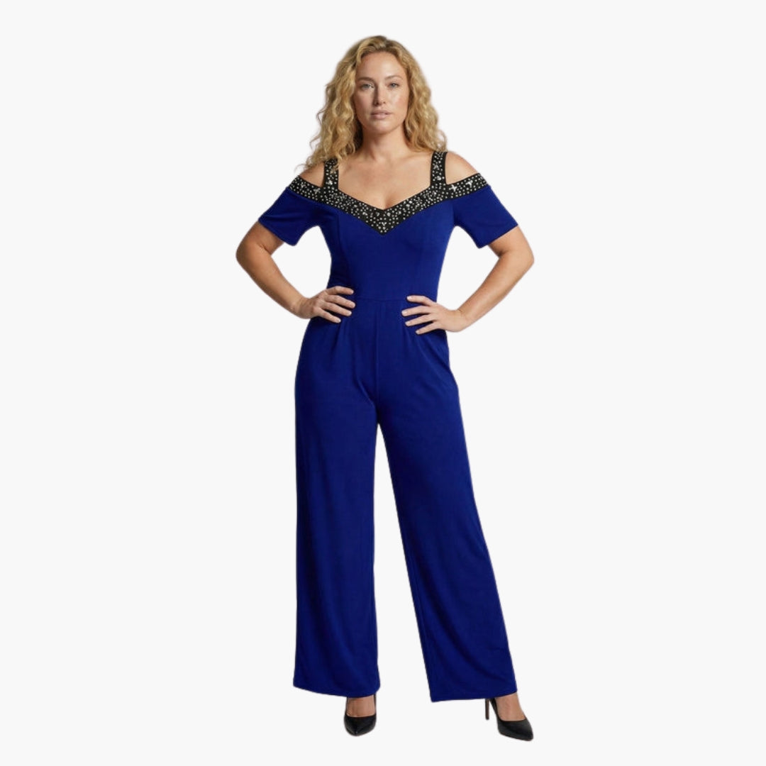 Mono de mujer con hombros descubiertos, escote en V y pantalones anchos