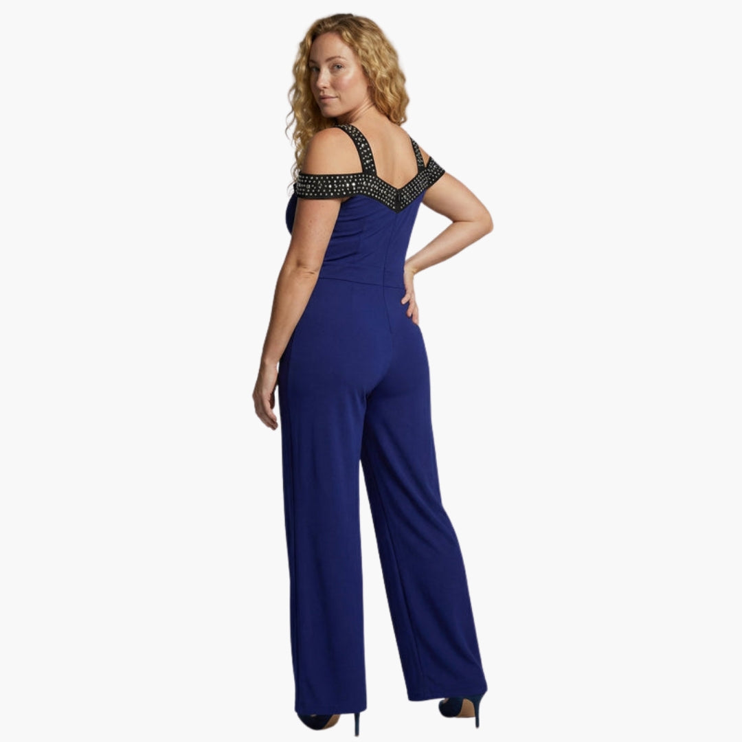 Mono de mujer con hombros descubiertos, escote en V y pantalones anchos