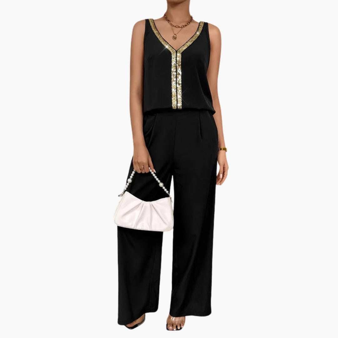 Sleeveless women's jumpsuit with V-neck and wide legs