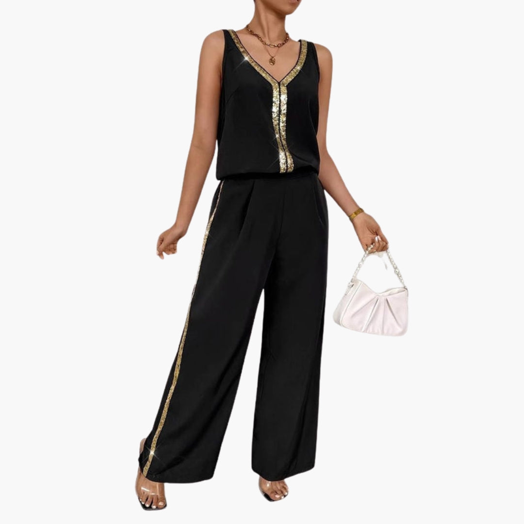 Sleeveless women's jumpsuit with V-neck and wide legs