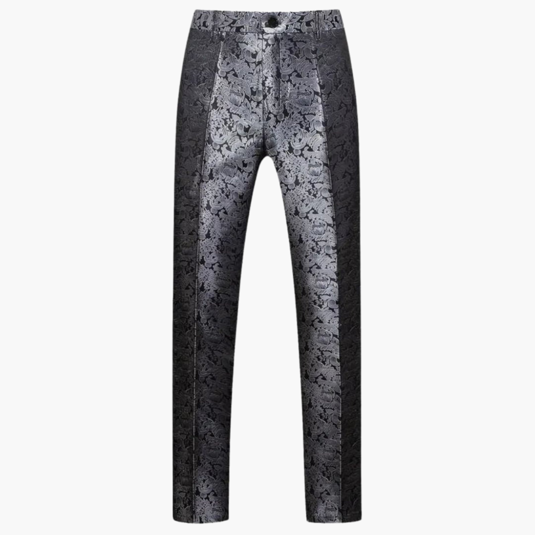 Costume trois pièces pour homme en jacquard avec revers en satin et pantalon coupe ajustée