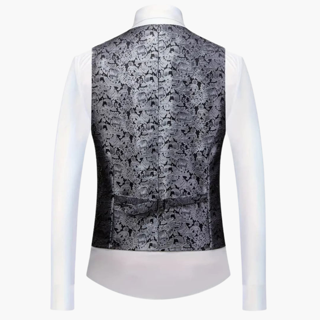 Costume trois pièces pour homme en jacquard avec revers en satin et pantalon coupe ajustée