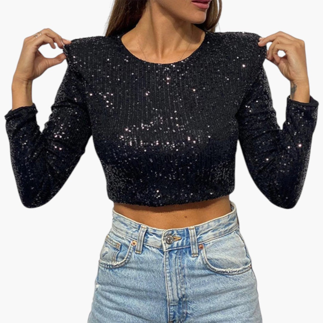Crop Haut femme à surface à sequins et manches longues