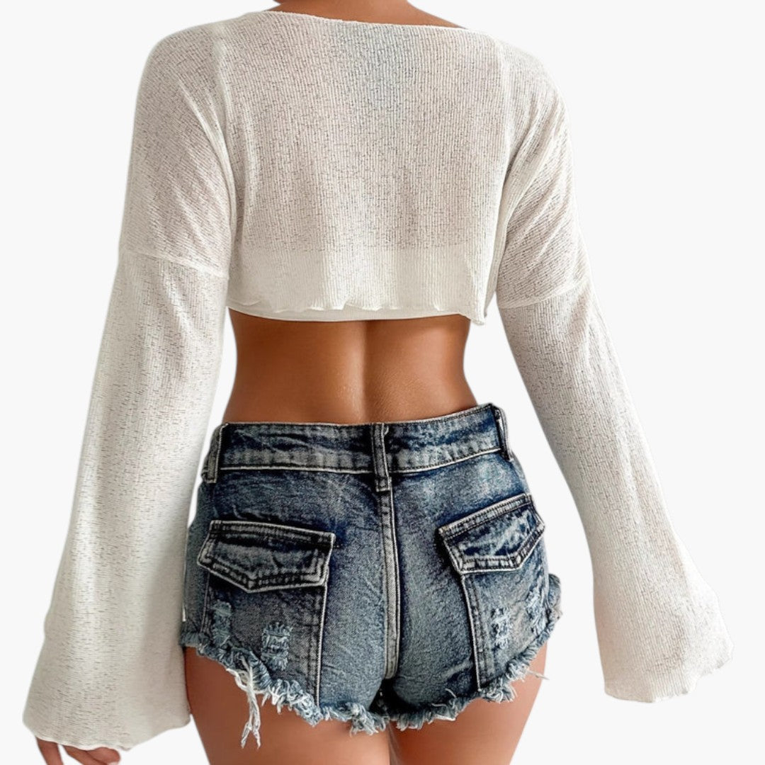 Crop haut femmes a manches larges et texture côtelée