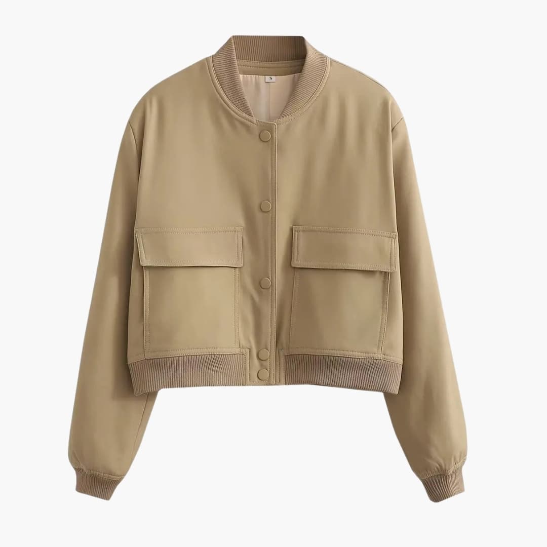 Damen Kurze Bomberjacke mit Knöpfen und Pattentaschen