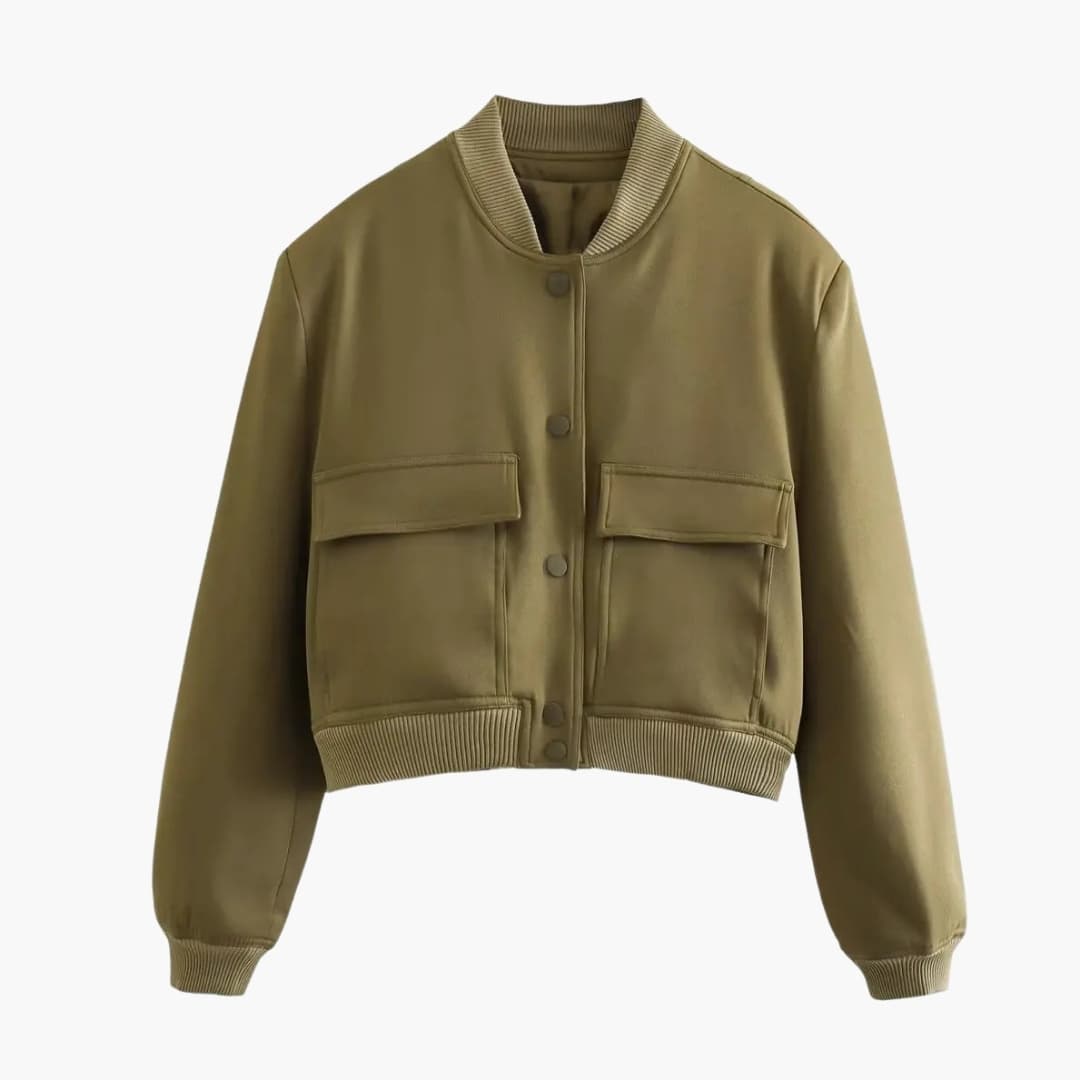Damen Kurze Bomberjacke mit Knöpfen und Pattentaschen