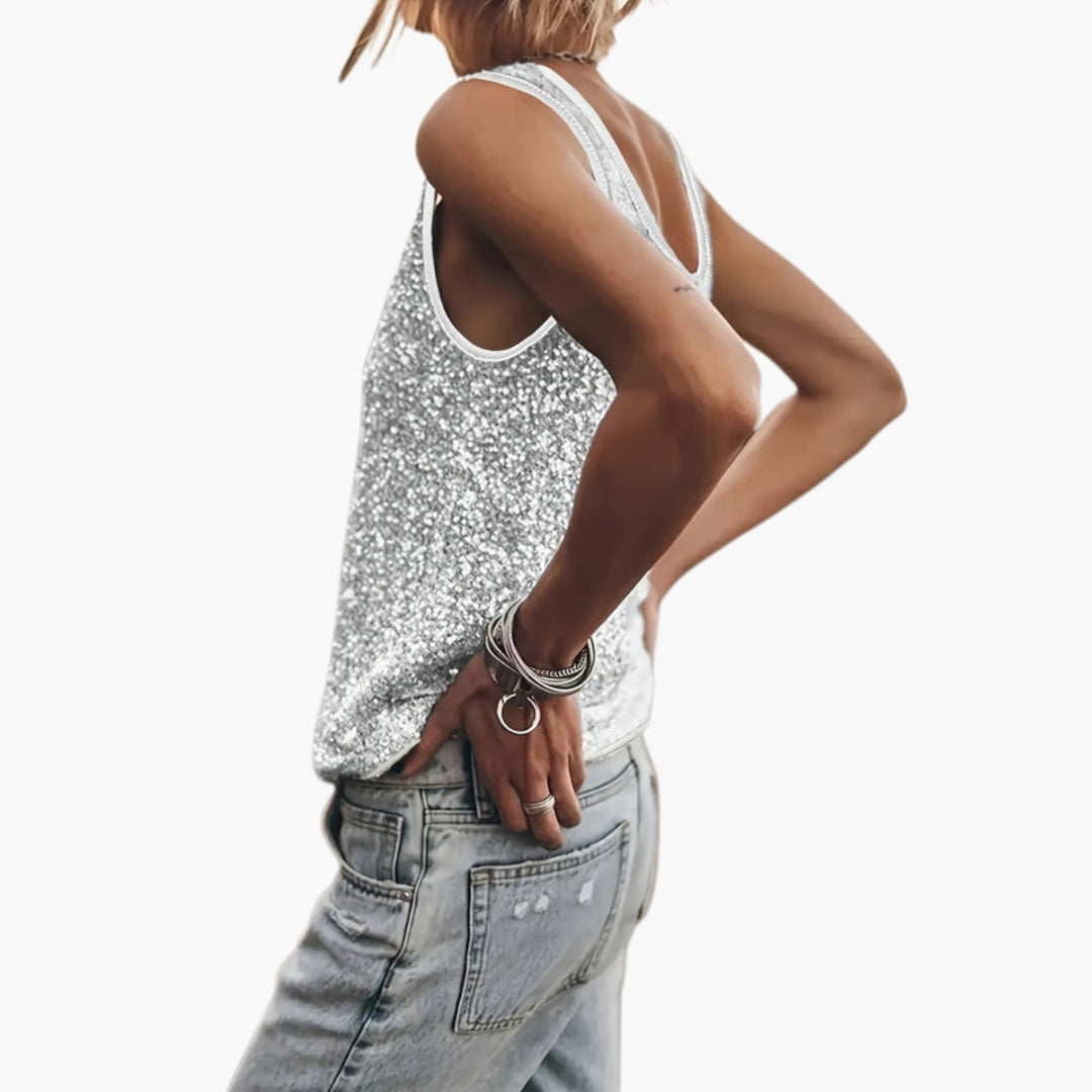 Camiseta sin mangas para mujer con cuello redondo y escote pronunciado, superficie con lentejuelas
